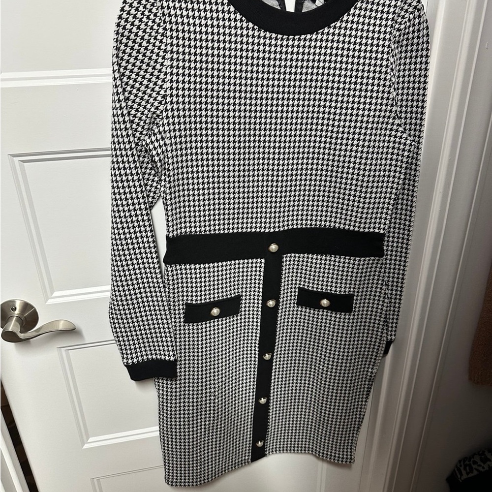 Byegreis Elegant Black and White Houndstooth Dress